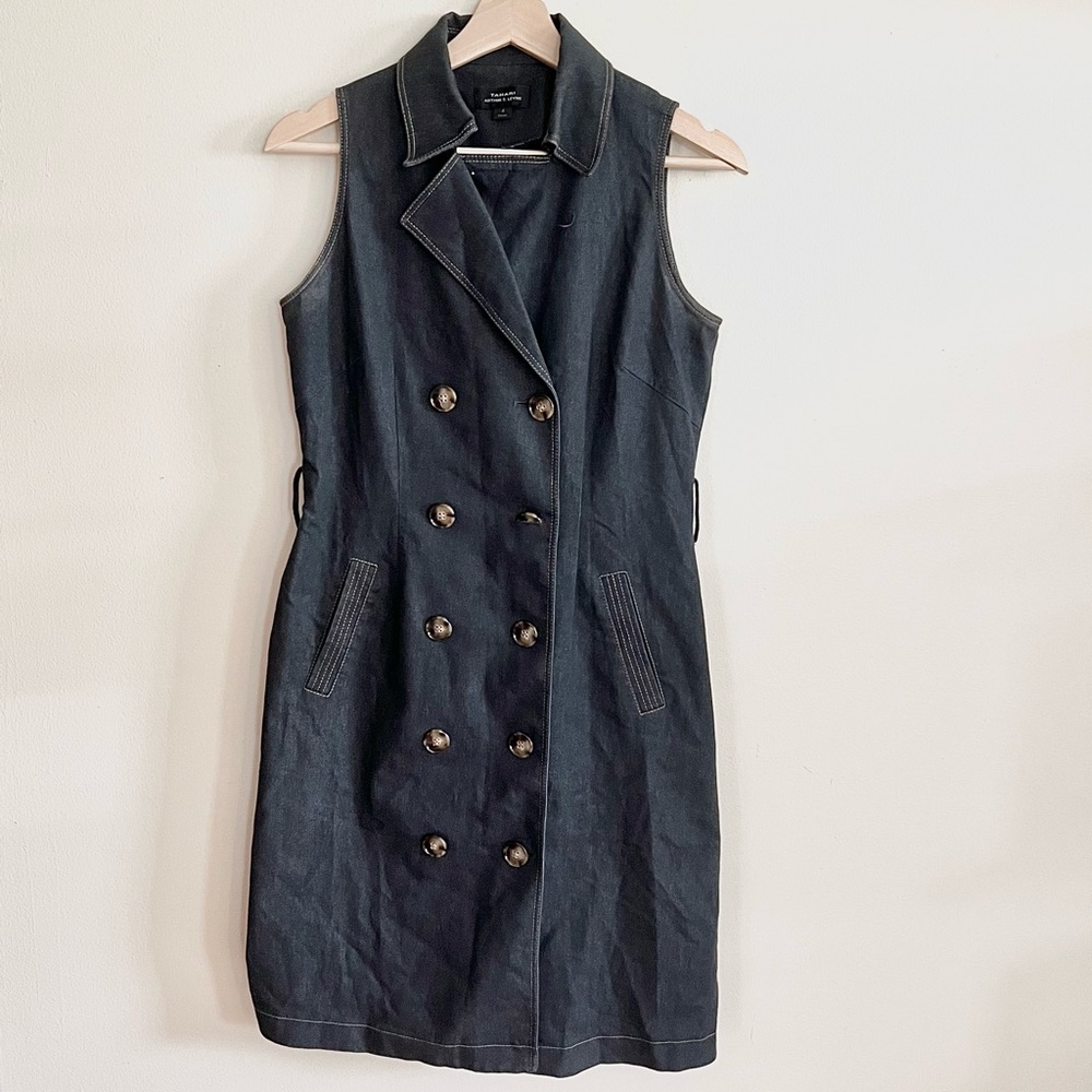 Tahari Women Jean Dress Knee Length Sleeveless Buttons Summer Size 4
